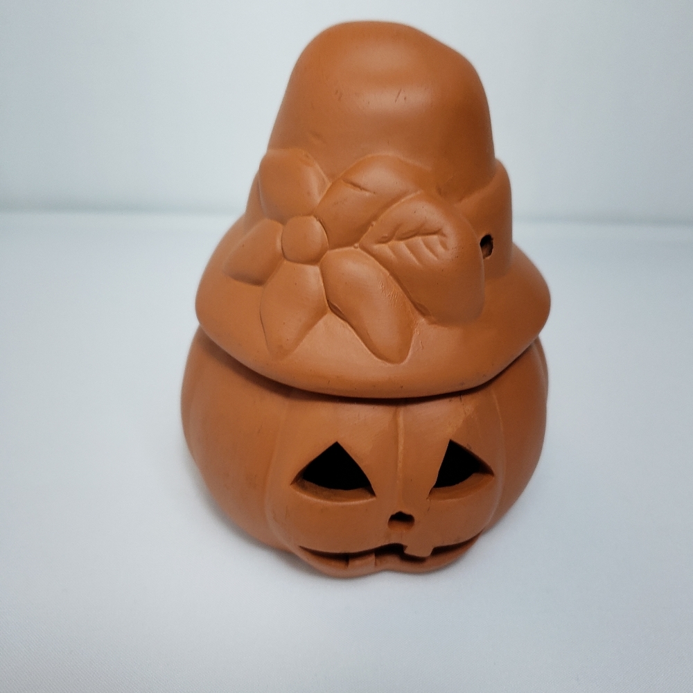 Vintage Terracotta Jack O Lantern Pumpkin Candle Holder With Lid 5"H - Picture 5 of 14